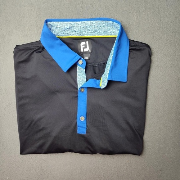 FootJoy Polo Shirt Mens Medium Black Blue Trim Golf Performance Stretch FJ Logo - Picture 1 of 11
